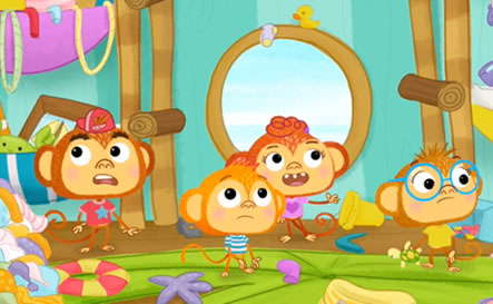 Four monkeys in a messy room.