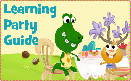 Learning Party Guide; Two animals having a snack.