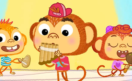 Three monkeys playing various musical instruments.
